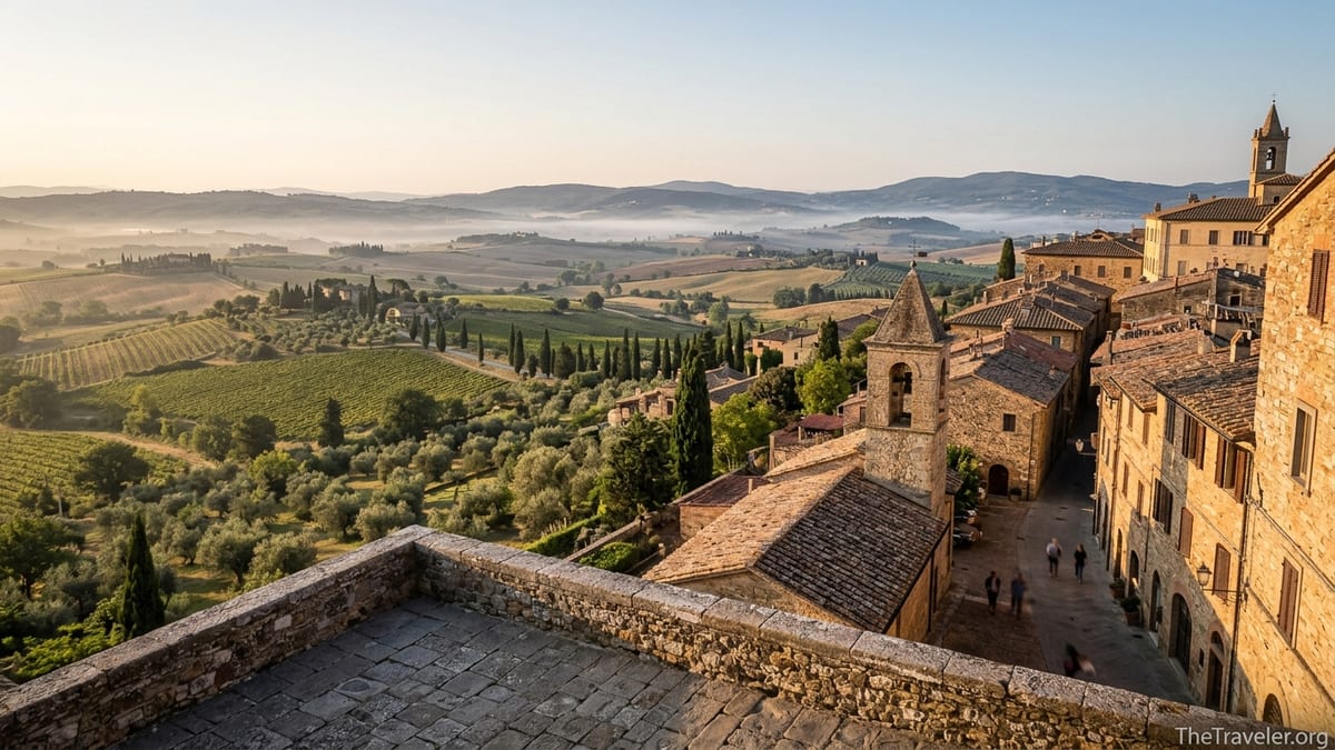 Sunrise over Tuscan and Umbrian hills with stone village, vineyards and cypress trees.
