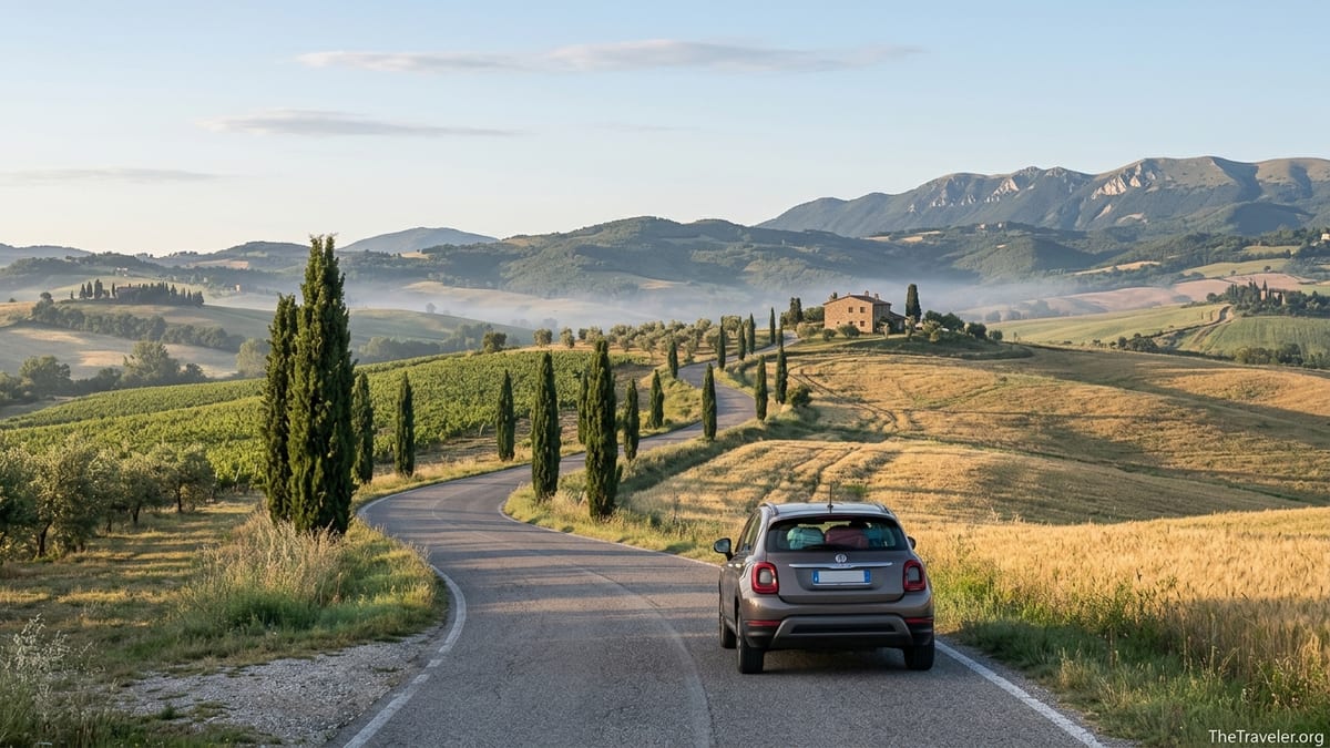 Rental car driving along a cypress-lined country road through rolling hills in central Italy at sunrise.