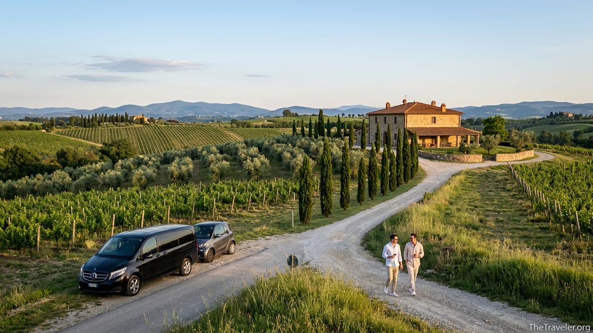 Tuscan vineyard landscape with farmhouse, cypress-lined road and parked tour van at sunset.