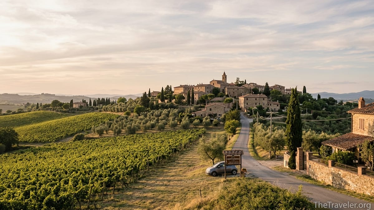 Tuscan vineyards and a hilltop village at golden hour in central Italy.
