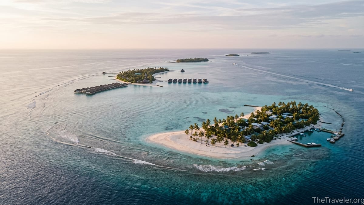 Aerial view of central Maldives islands with resort jetties and turquoise reefs at sunset.