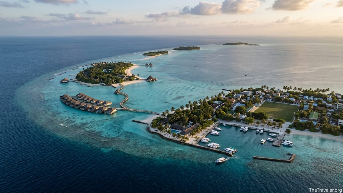 Aerial view of a Maldives resort island and nearby local island in turquoise lagoon at sunset.
