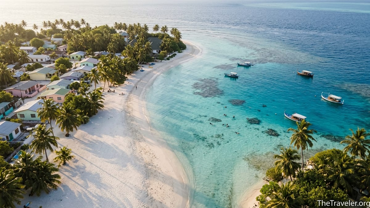 Aerial view of a central Maldives local island with bikini beach, lagoon and village.