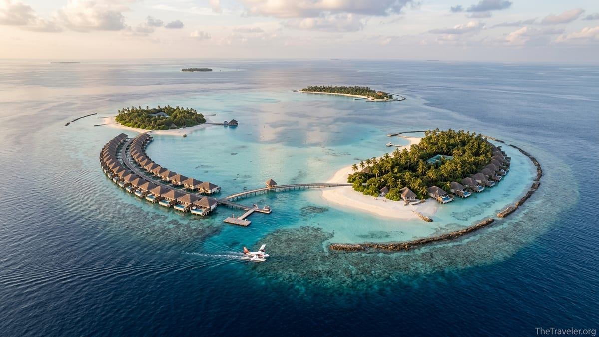 Aerial view of Maldives private islands with overwater villas, beaches and house reef in turquoise lagoon.