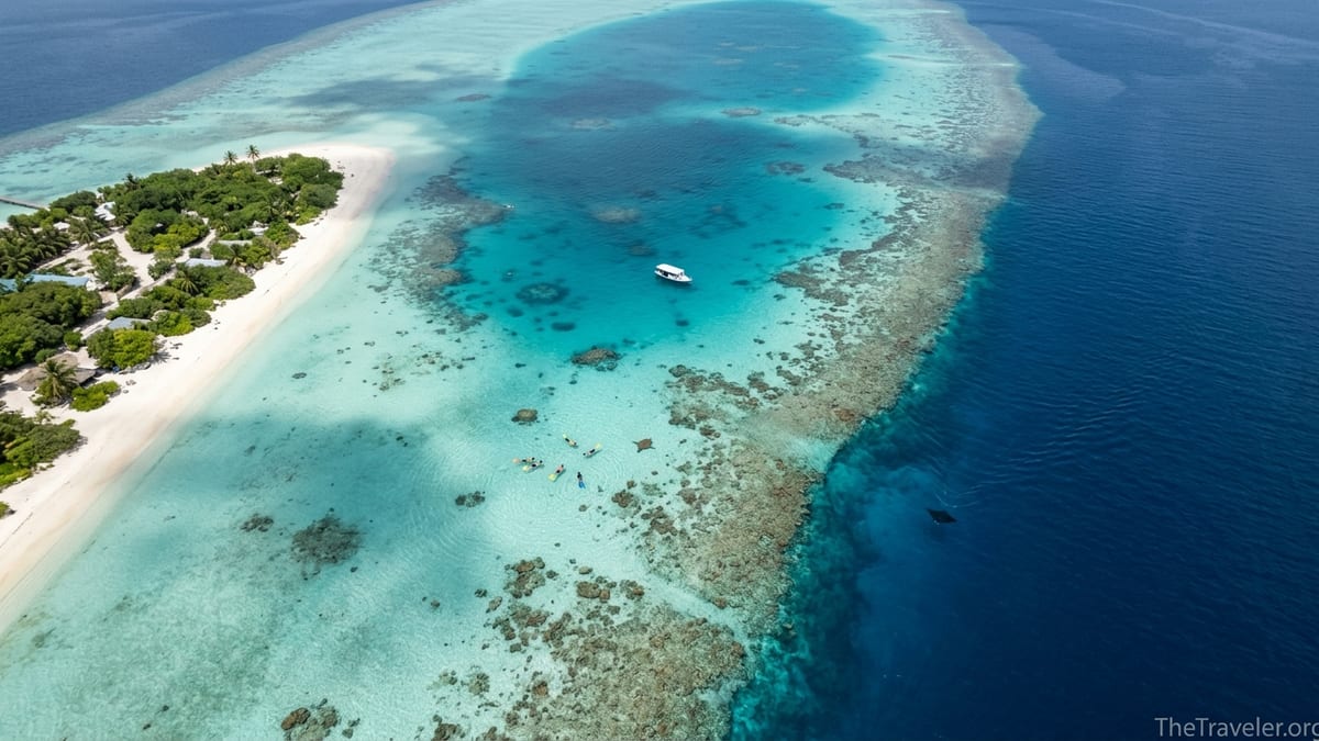 Aerial view of a Maldivian island with snorkelers on a house reef dropping into deep blue water.