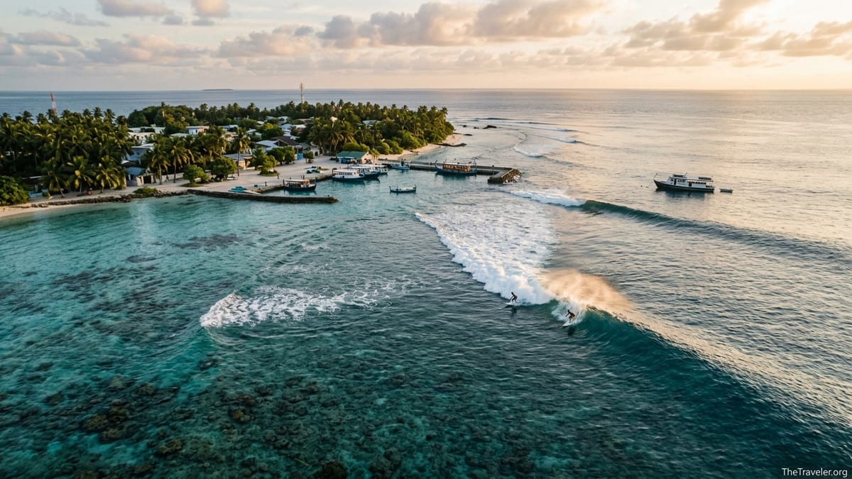 Aerial view of a reef wave breaking near a small Maldivian island with boats and palm trees.