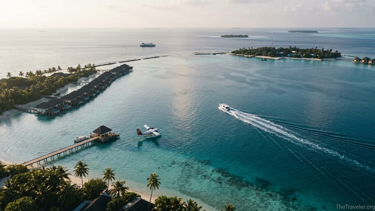 Aerial view of a seaplane and speedboat crossing a turquoise Maldivian lagoon between islands.