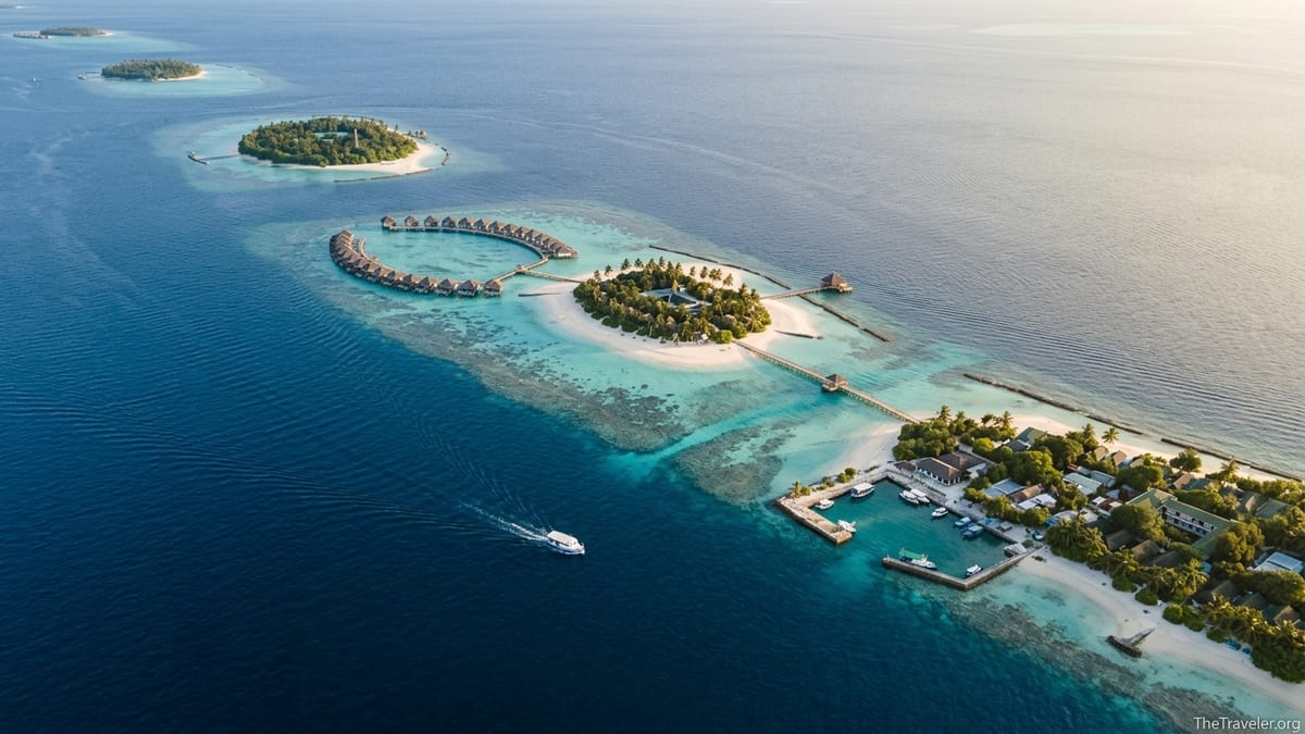 Aerial view of central Maldives islands with overwater villas, lagoon and reef at golden hour.