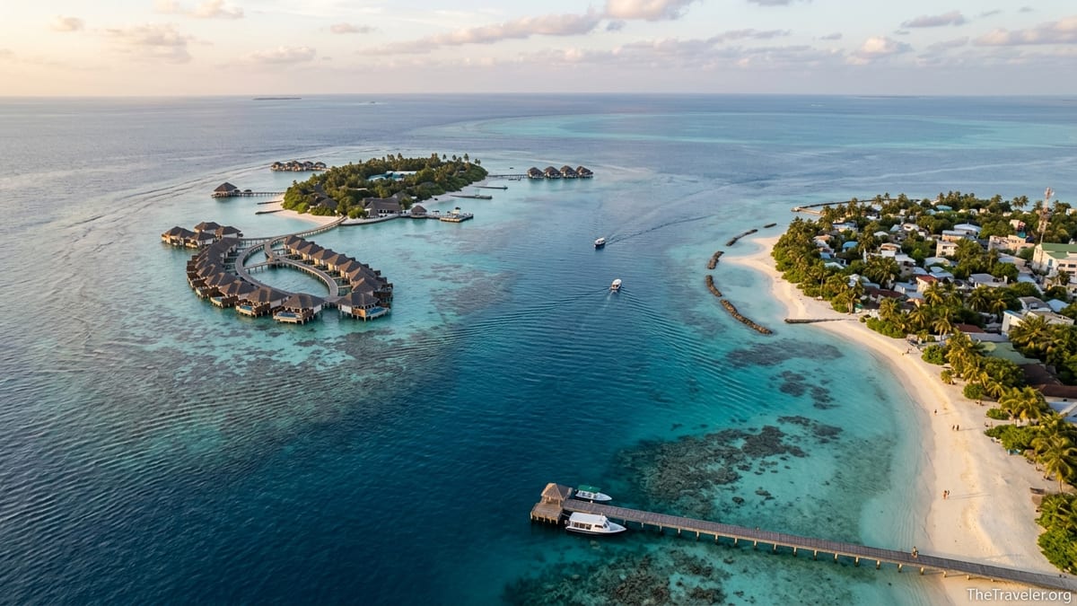 Aerial view of central Maldives atoll with resort and local island separated by turquoise lagoon.