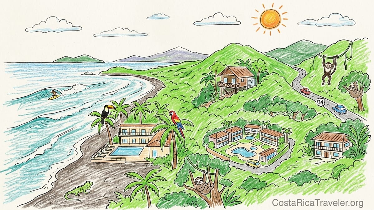 A jungle-covered hillside hotel overlooking a quiet Central Pacific Costa Rica beach at sunset.