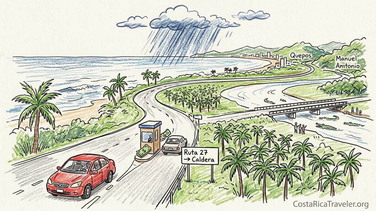 Two-lane Route 34 in Costa Rica’s Central Pacific region with a parked rental car and palm-lined hills at sunset.