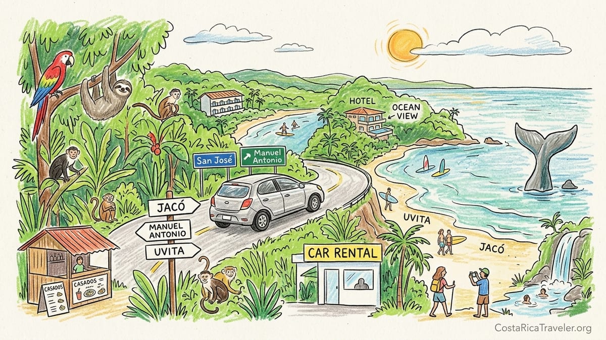 View over Costa Rica’s Central Pacific coast with beach, jungle hills and small hotels.