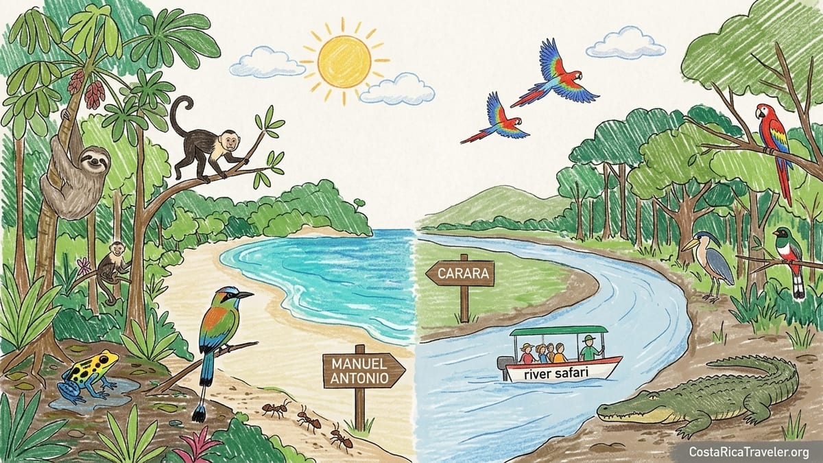Boat on a Central Pacific Costa Rica river passing mangroves, crocodile on bank and scarlet macaws flying above.