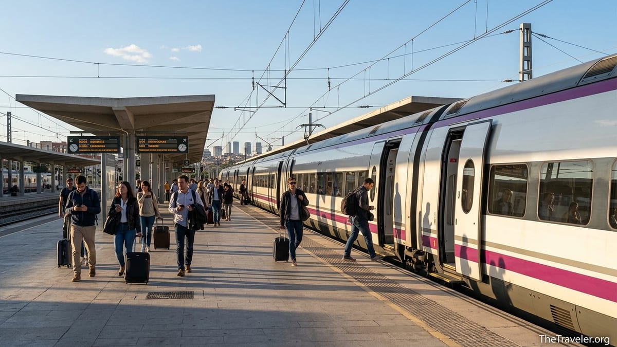 High speed train at Madrid Chamartín station with travelers boarding on a sunny afternoon.