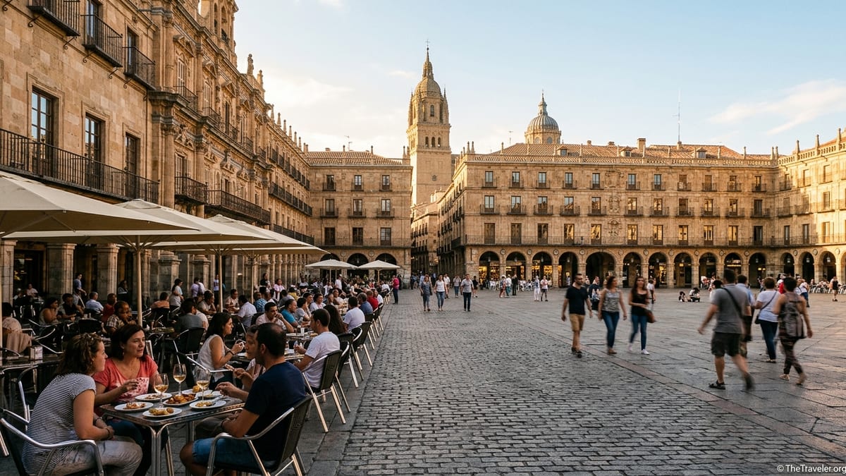 Evening café terraces in a historic central Spain plaza with sandstone buildings and cathedral tower.