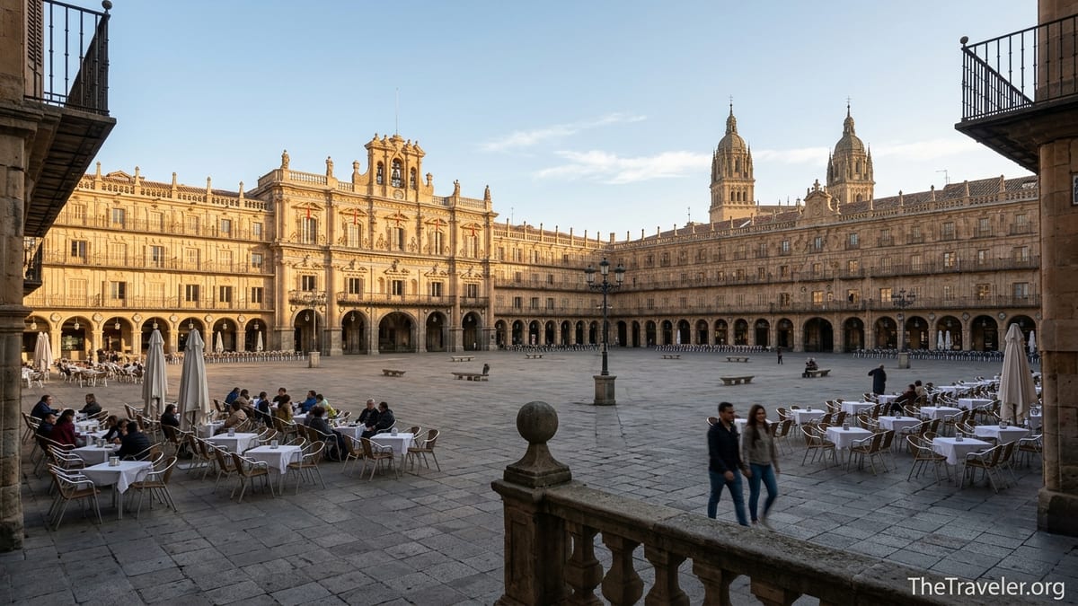 Golden hour view of Salamanca’s Plaza Mayor with cafes and cathedral towers in the background