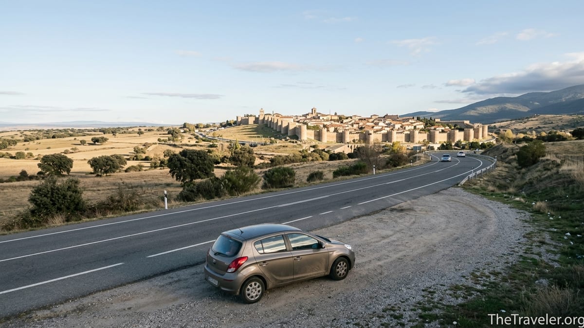 Curving highway near Ávila with a parked car and the walled city on a sunlit hill in the background.
