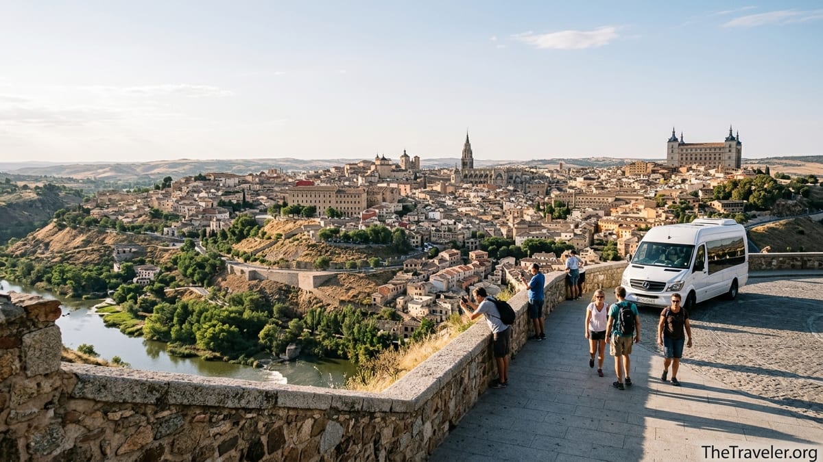 View over Toledo’s historic skyline from a hillside lookout with tour minibus and visitors.