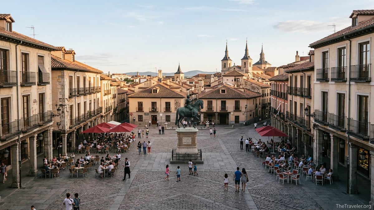 Evening view of Madrid’s Plaza Mayor with cafés, stone arcades and historic rooftops.