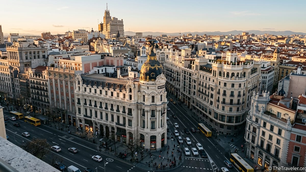 Golden hour cityscape of central Madrid with Gran Vía and the Metropolis building.
