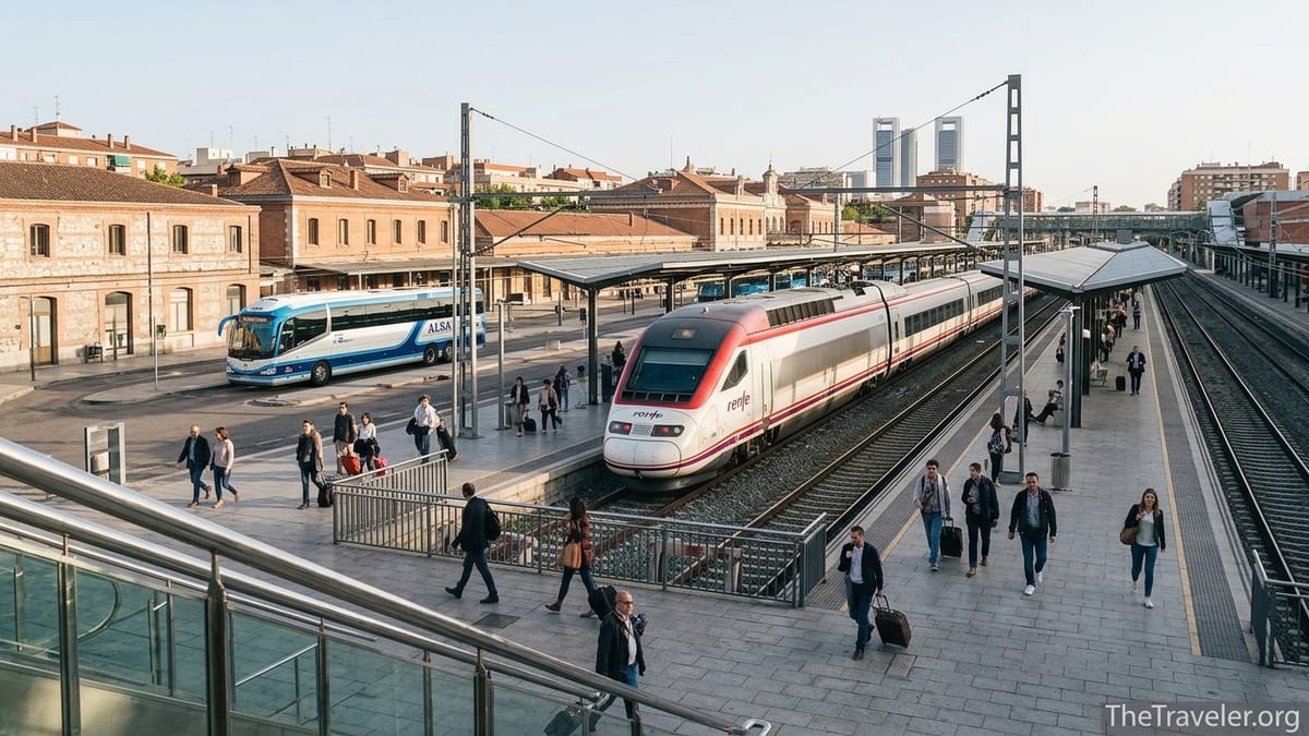 High-speed train and intercity bus at Madrid transport hub on a clear morning