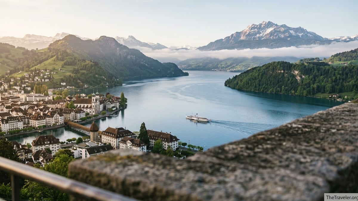 Lake Lucerne and Central Swiss Alps at sunrise with Lucerne old town and boats on calm water.