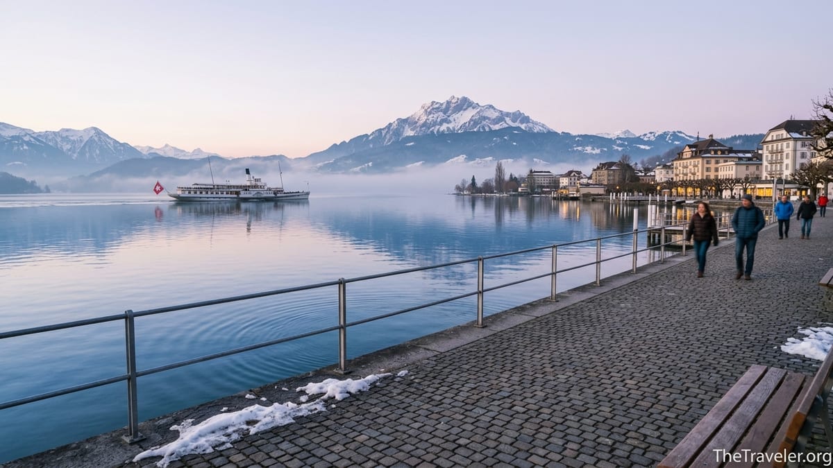 Early morning view over Lake Lucerne toward snow-dusted mountains and a passing steamer boat.