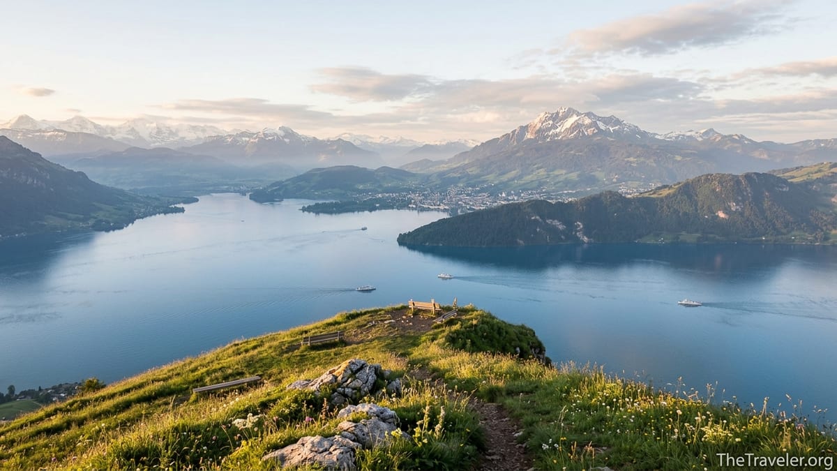 Panoramic sunrise view over Lake Lucerne from Mount Rigi with distant alpine peaks.
