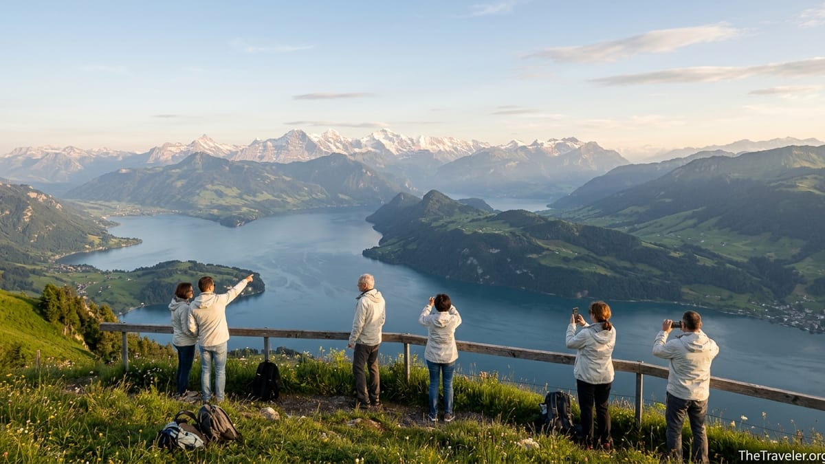 View over Lake Lucerne toward surrounding mountains from an alpine viewpoint at sunset.