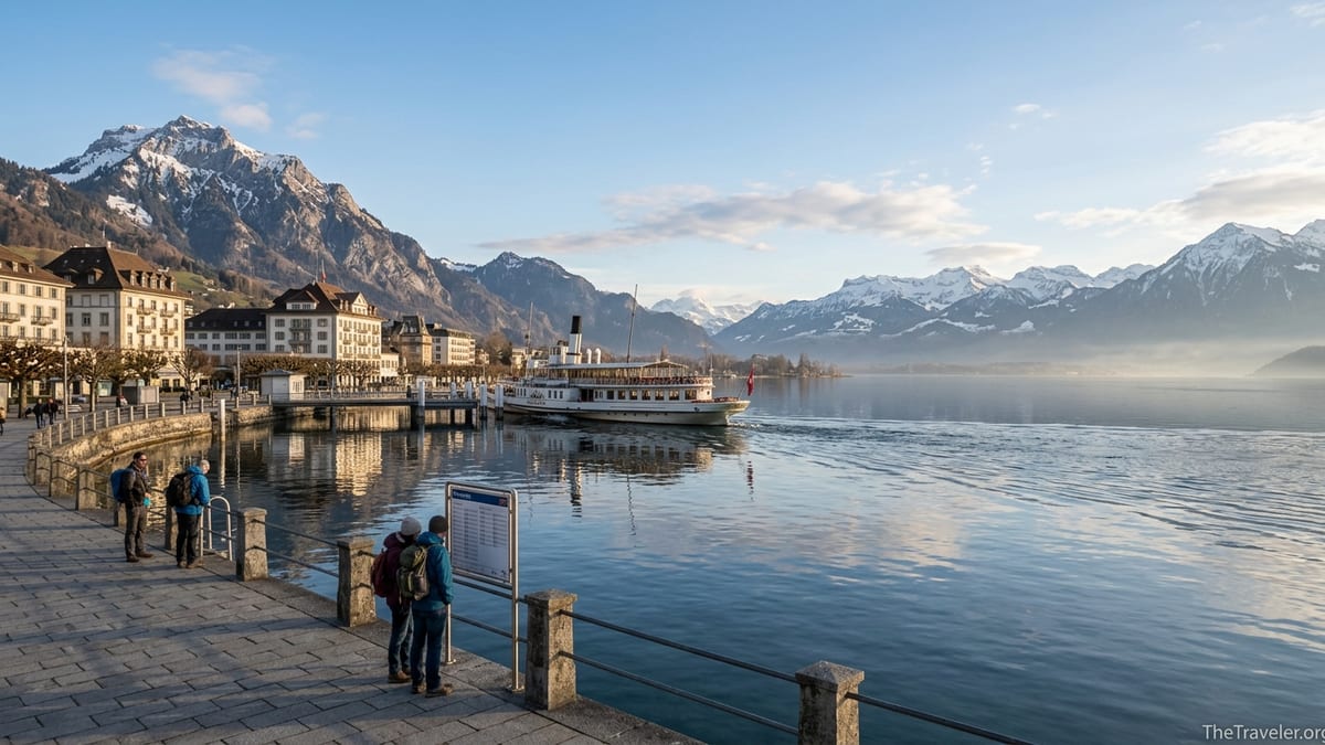 View over Lake Lucerne with paddle steamer departing and Mount Pilatus in the background.