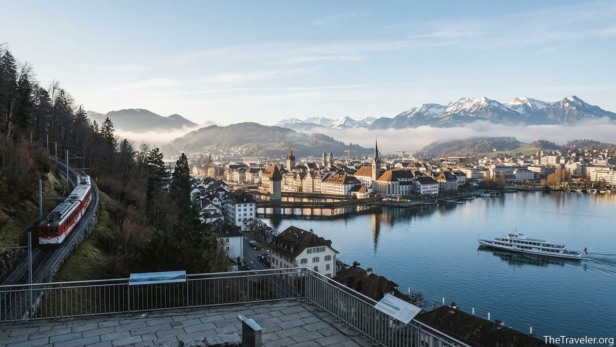 View over Lake Lucerne with a boat, cogwheel train and Lucerne old town at sunrise.