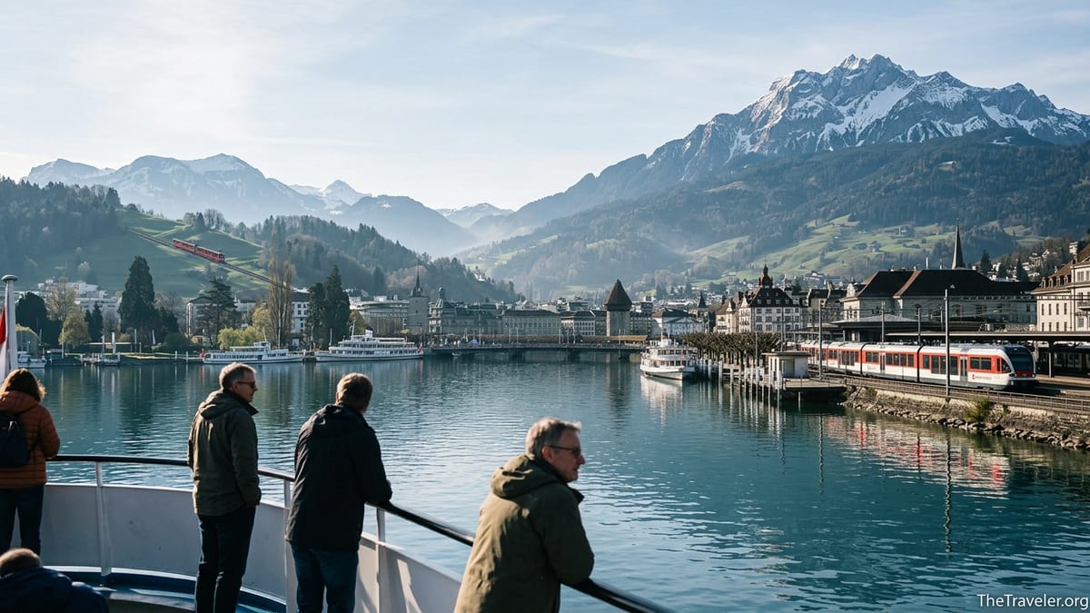 Boat on Lake Lucerne with Lucerne waterfront, Pilatus, Rigi and a passing train in morning light.