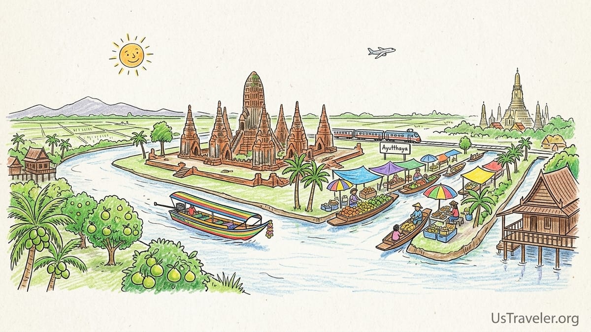 Longtail boat on the Chao Phraya with Ayutthaya temple ruins in warm late-afternoon light.