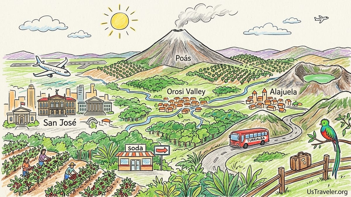 A highland coffee farm overlooking Costa Rica’s Central Valley with a distant volcano at sunset.