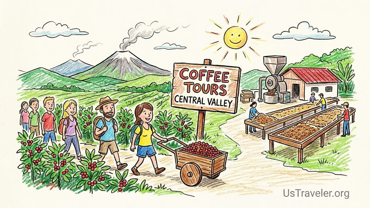 Travelers walk through coffee fields near Poás Volcano in Costa Rica at sunrise.