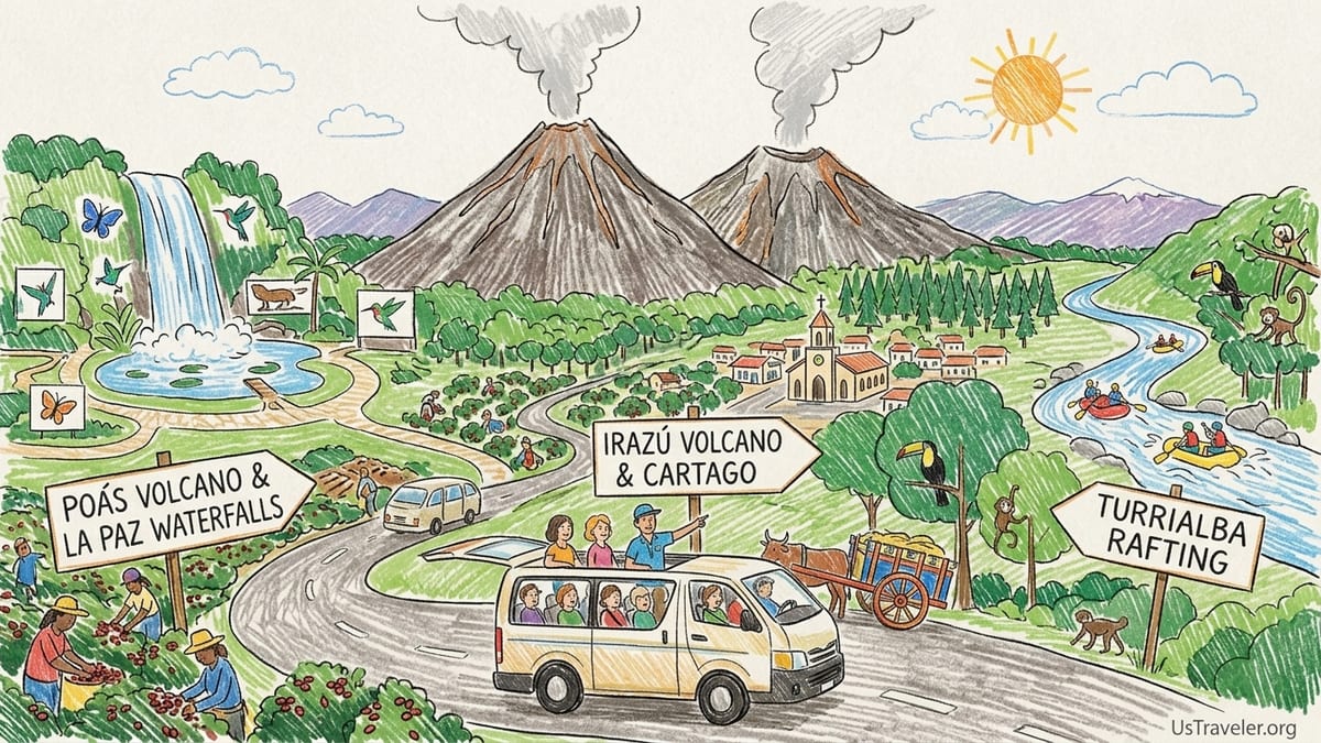 Travelers step from a minibus at a Central Valley lookout over Poás Volcano and coffee hills at sunrise.