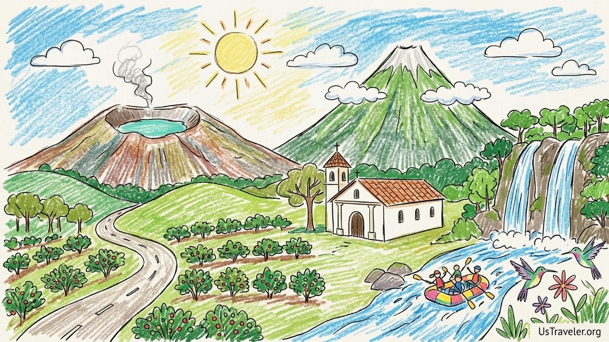 Morning view over Costa Rica’s Orosi Valley with coffee fields, river and distant volcanoes.