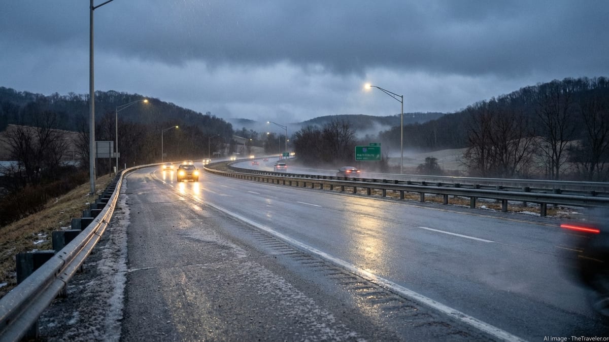 Pre dawn freezing rain creates a thin icy sheen on a Pennsylvania highway near Harrisburg.