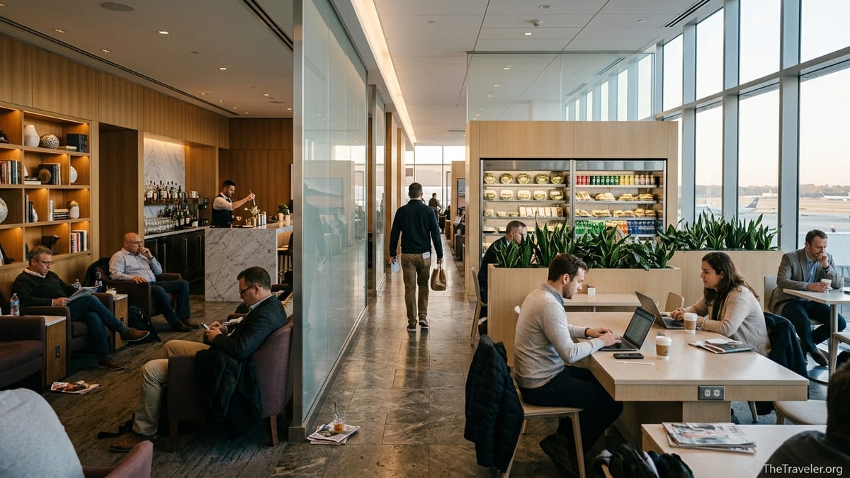 Travelers relax in two contrasting premium airport lounges with bar and grab-and-go area.