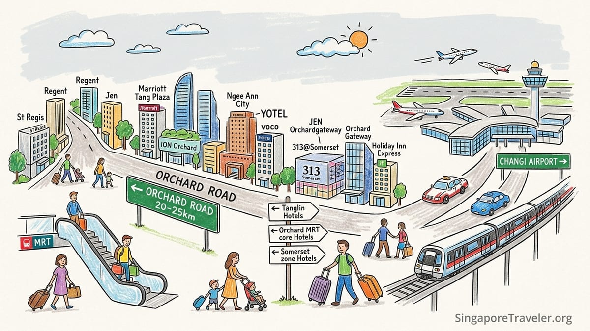 Travelers outside Changi Airport choosing between MRT, taxi and private transfers to Orchard Road.