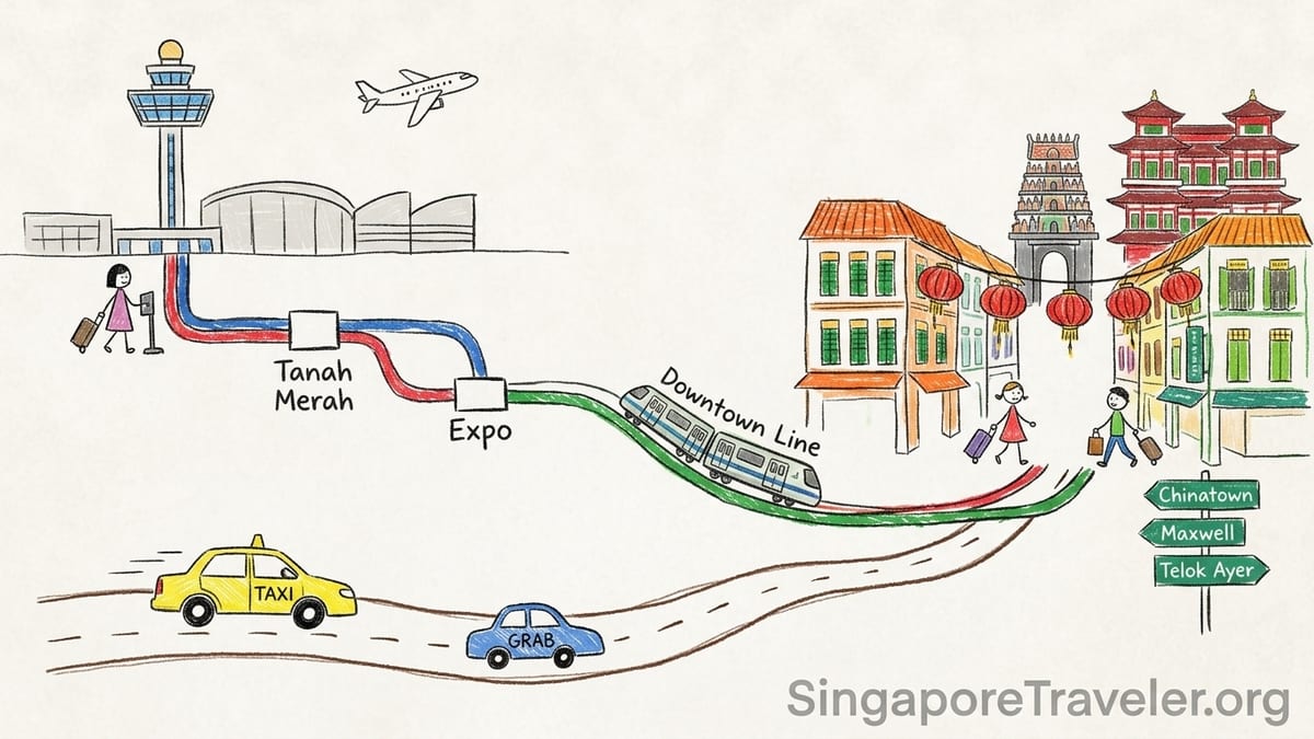 Travelers at Changi Airport arrivals choosing between MRT, taxi and ride-hailing to Chinatown.