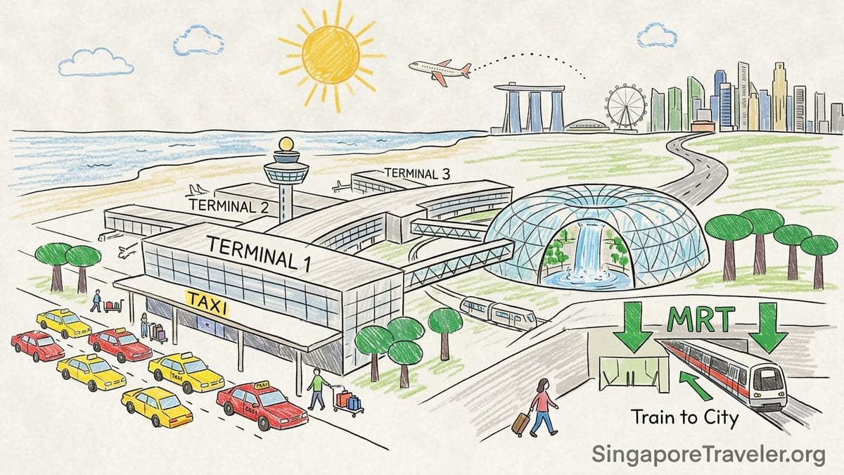 Travelers at Changi Airport choosing between MRT and taxi to reach Singapore city centre.