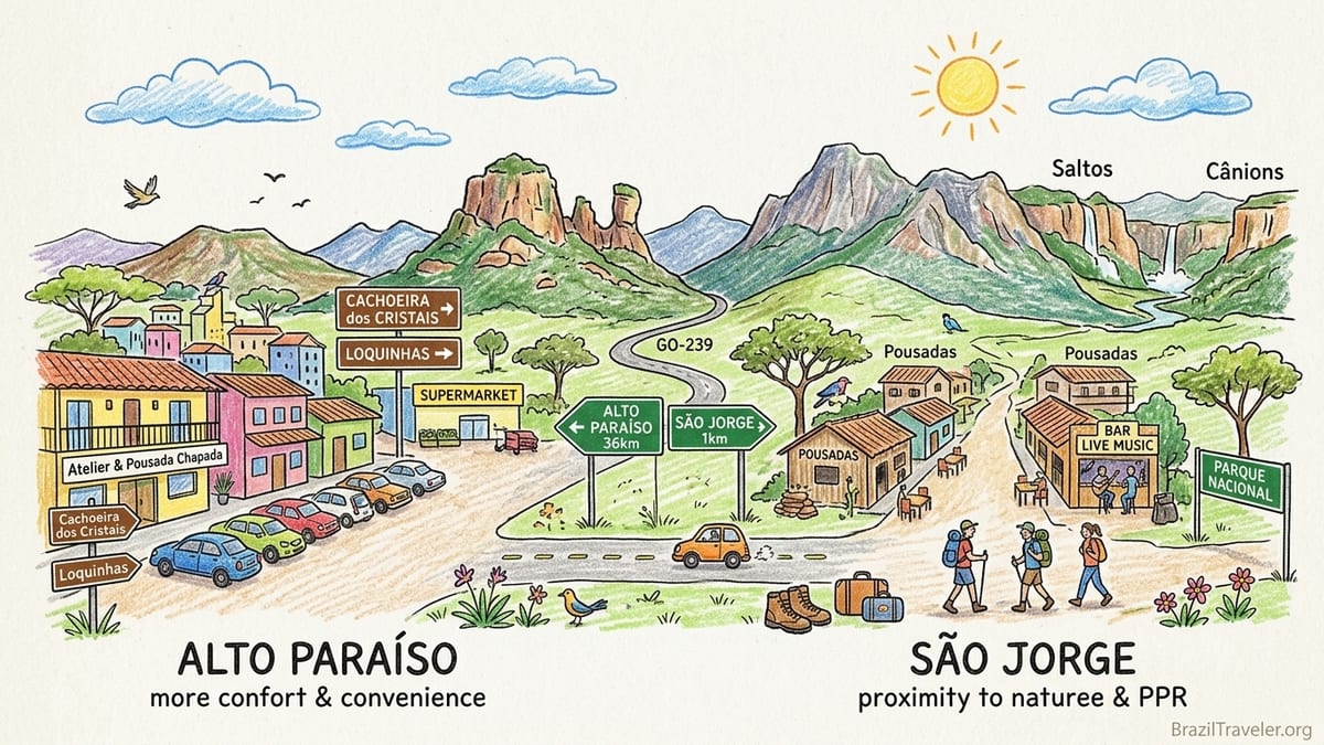 Chapada dos Veadeiros landscape with village, dirt road and waterfalls at sunset