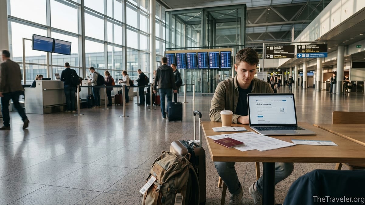 Traveler reviews Chapka-style travel insurance documents at an airport before departure.