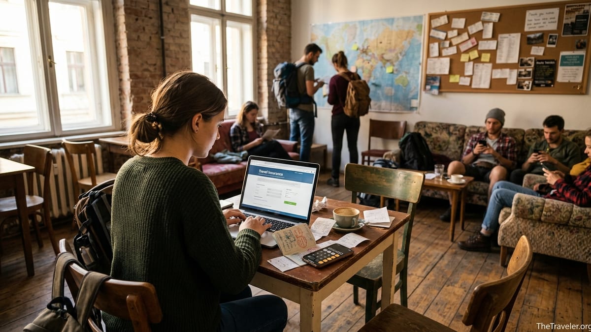 Traveler in a hostel common room comparing travel insurance on a laptop with documents and passport.