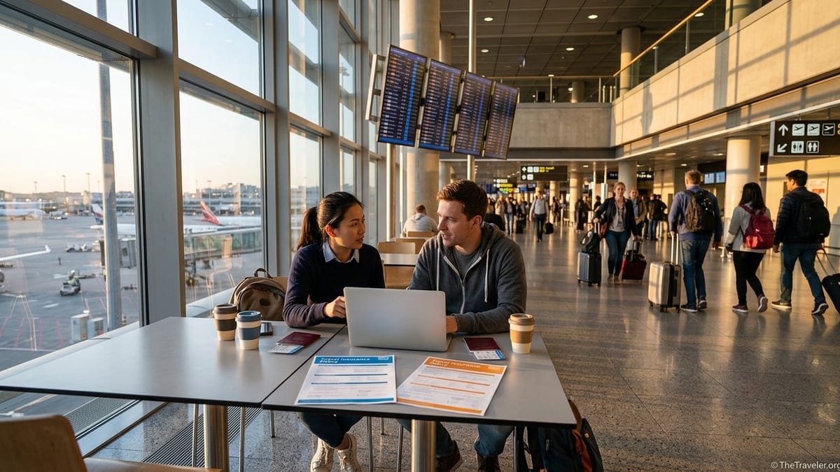 Two travelers compare travel insurance documents in a bright airport departures hall.