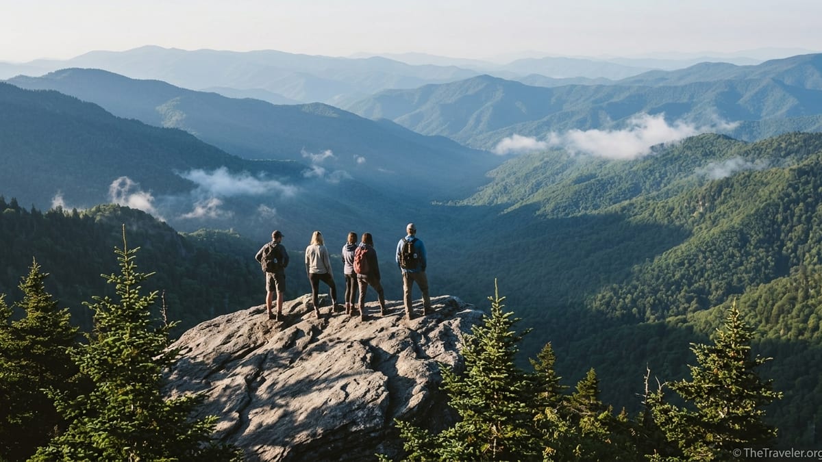 Hikers standing on Charlies Bunion rock outcrop overlooking layered Smoky Mountain ridges.
