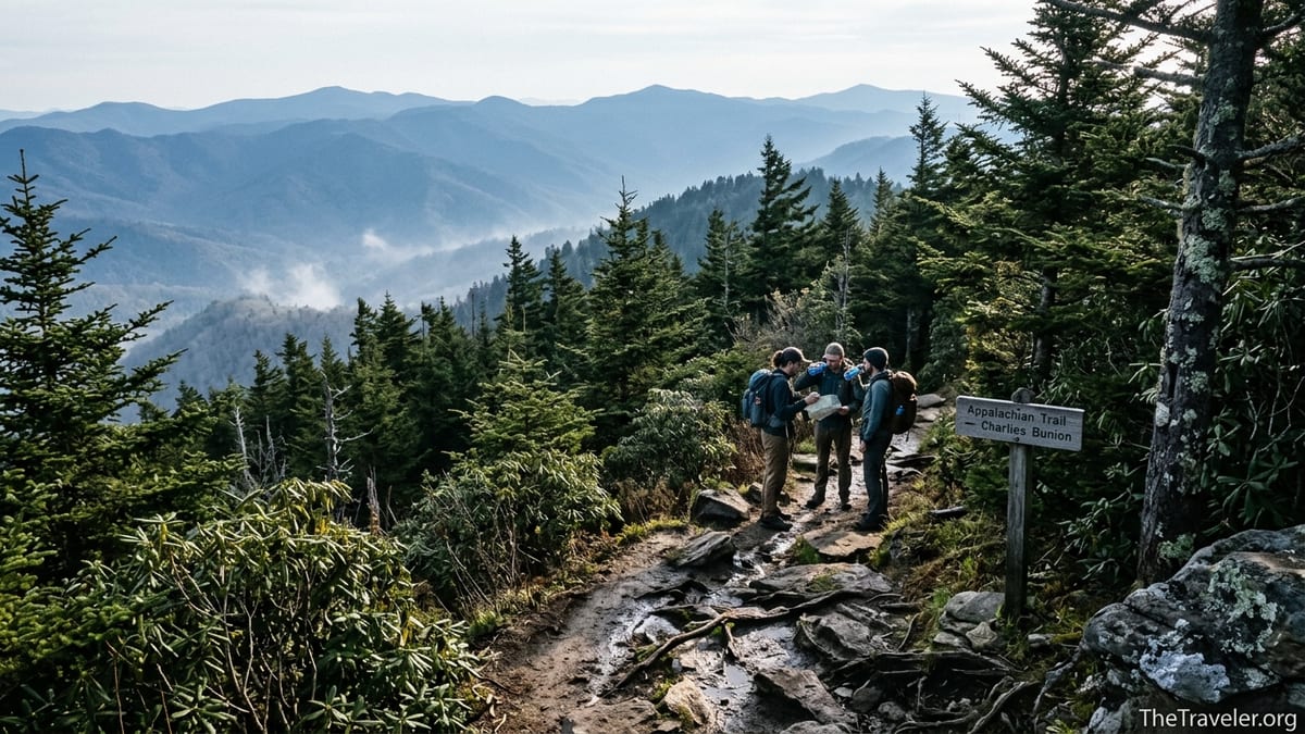 Hikers on the Appalachian Trail near Newfound Gap heading toward Charlies Bunion in Great Smoky Mountains National Park.