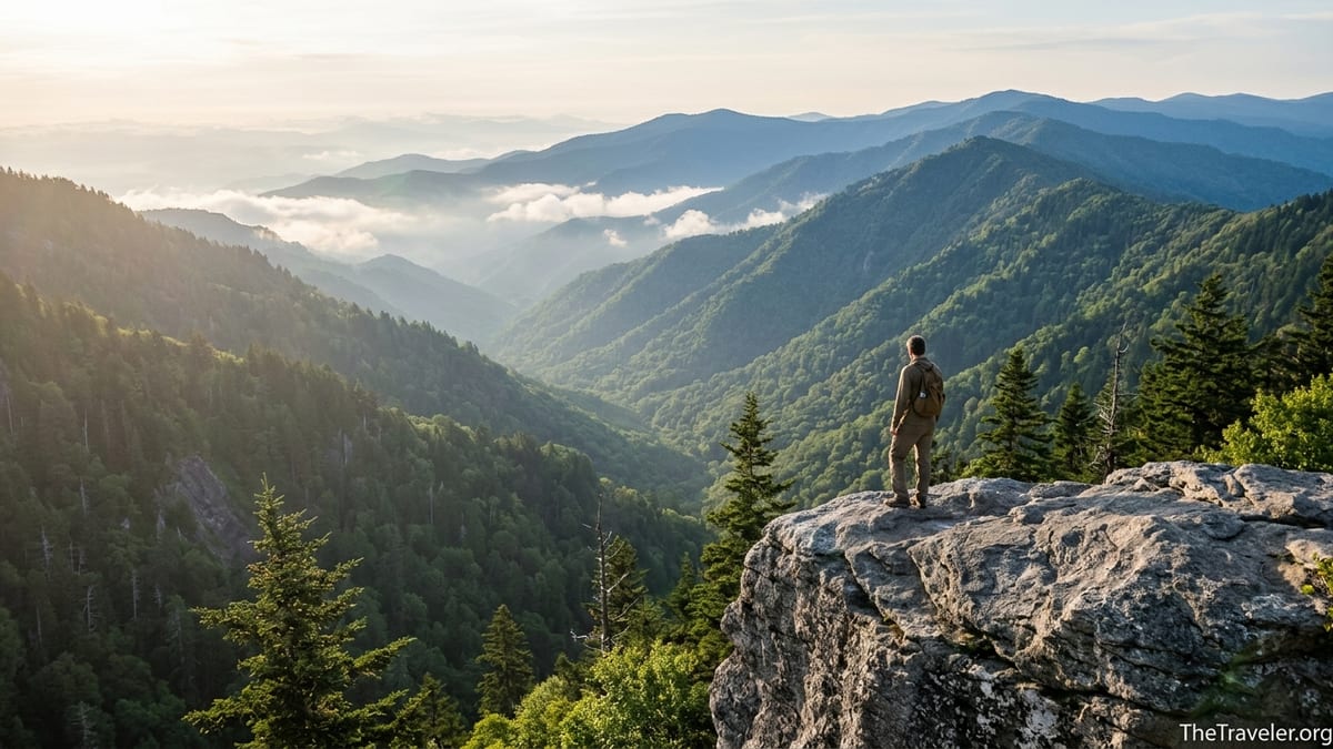 Sunrise view from Charlies Bunion overlooking blue Smoky Mountain ridges and a hiker standing on the rocky ledge.
