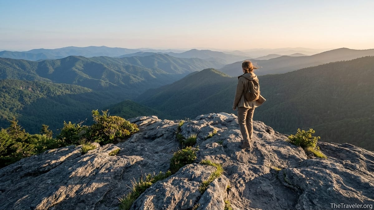 Sunrise view from Charlies Bunion looking over layered Smoky Mountain ridges with a lone hiker on the rocky outcrop.